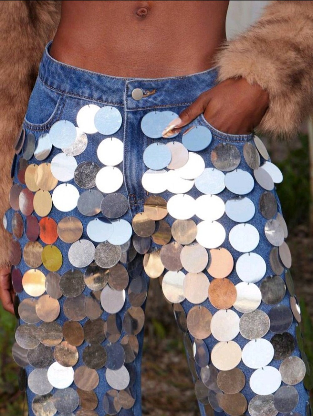 Denim Jean Baggy Straight Pant Versatile Sequin Glitter Shine Sparkle Bedazzle - Picture 7 of 10